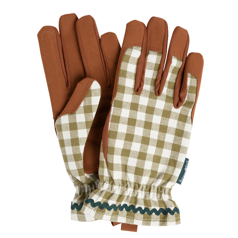 Collector range women's gardening gloves, olive green check, by Burgon & Ball