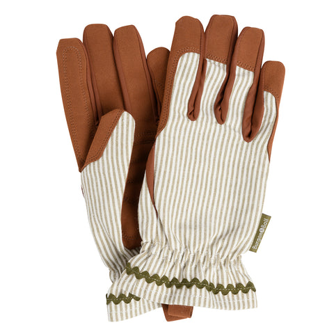 Collector range women's gardening gloves, olive green stripe, by Burgon & Ball